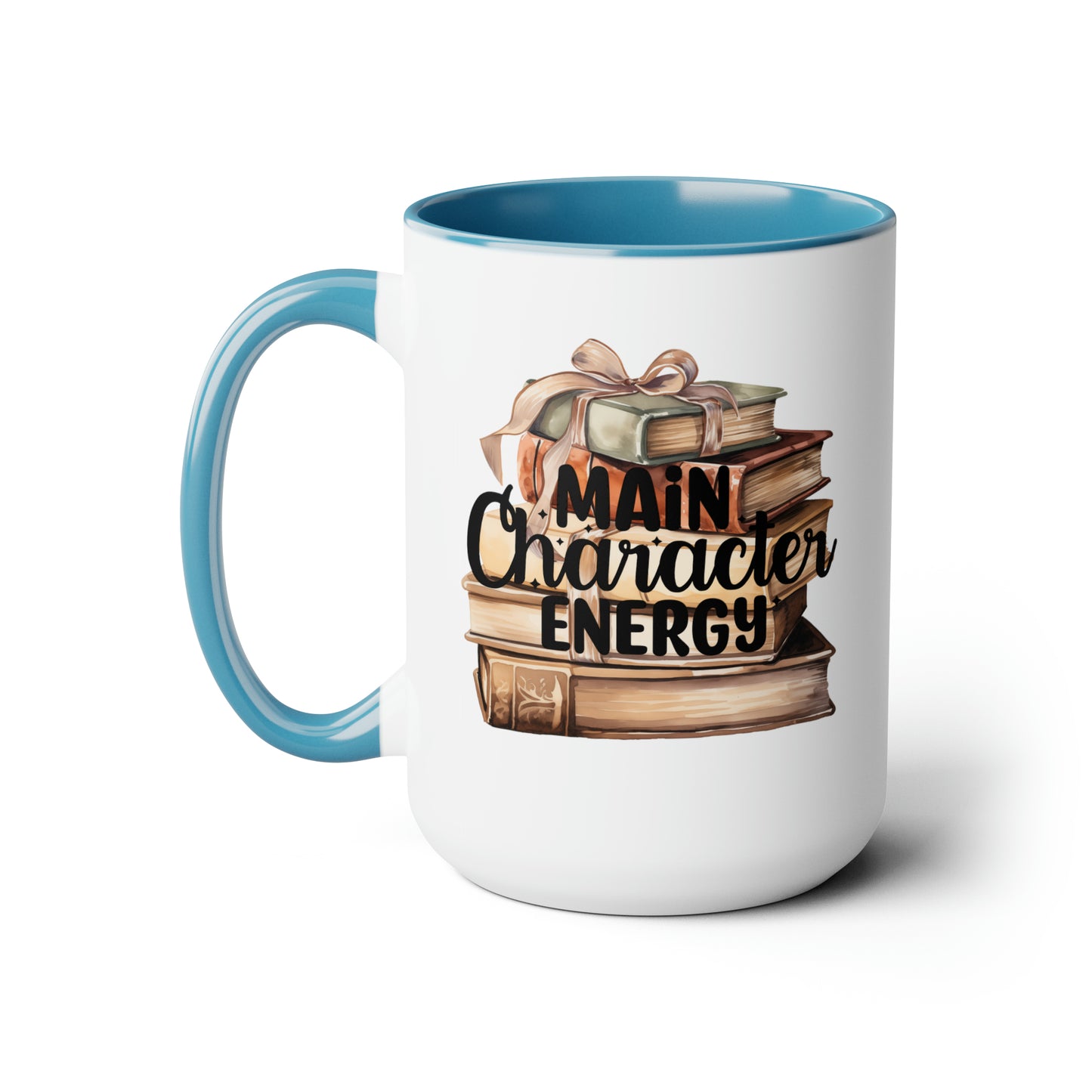 Main Character Energy Book Stack Two-Tone Coffee Mugs, 15oz