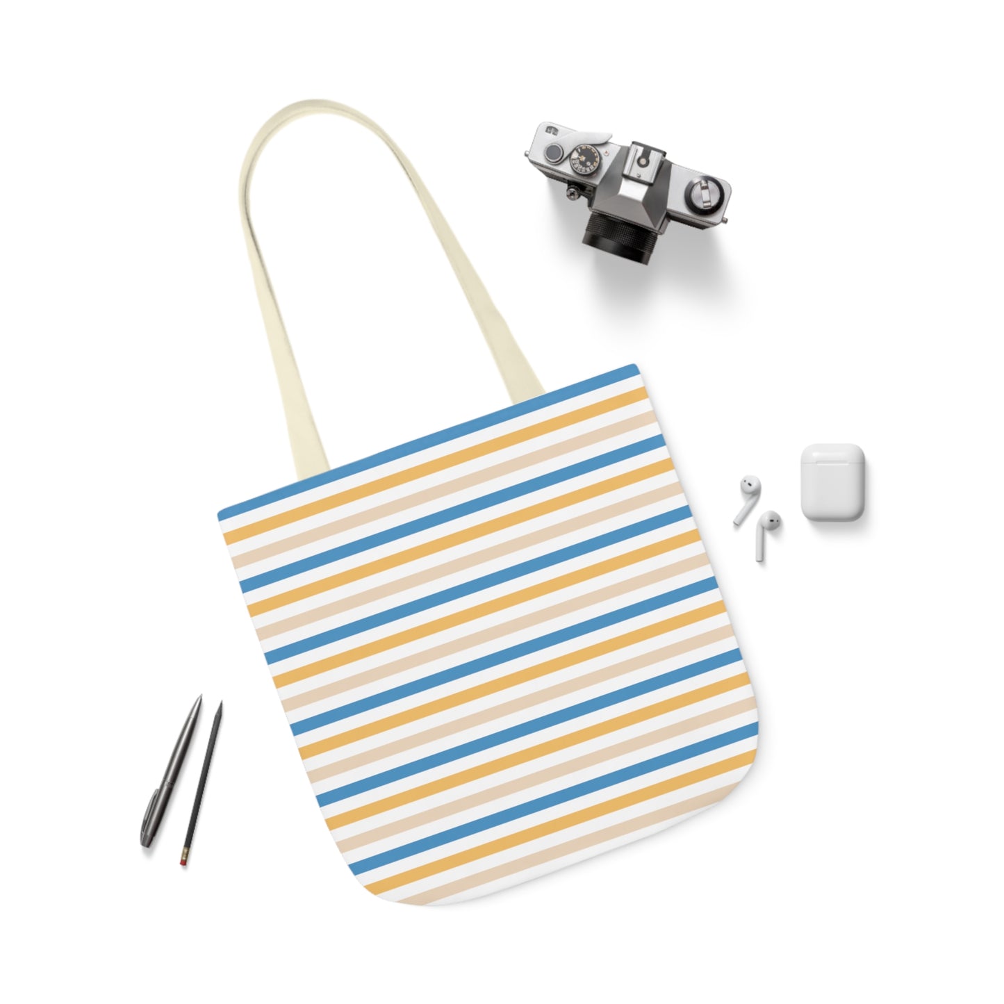 Yellow and Blue Stripe Canvas Tote Bag, 3-Color Straps