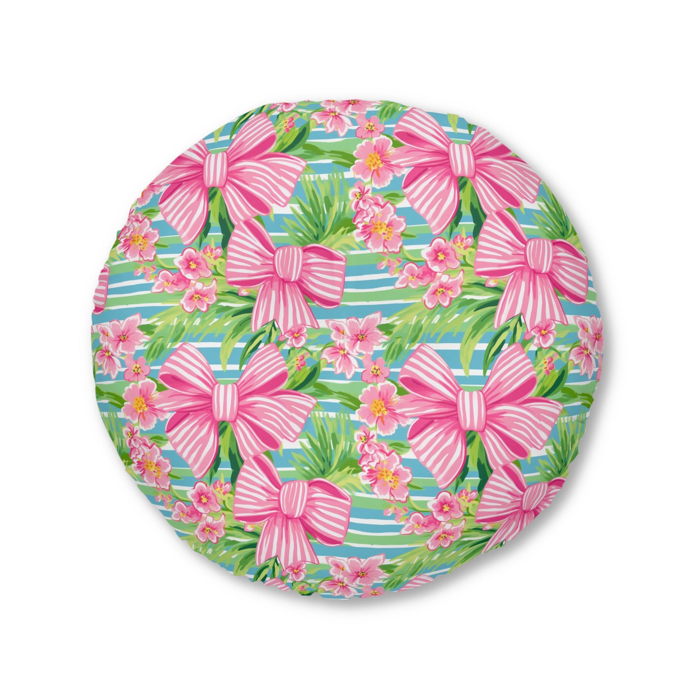 Preppy Pink Bows Striped Tufted Floor Pillow, Round