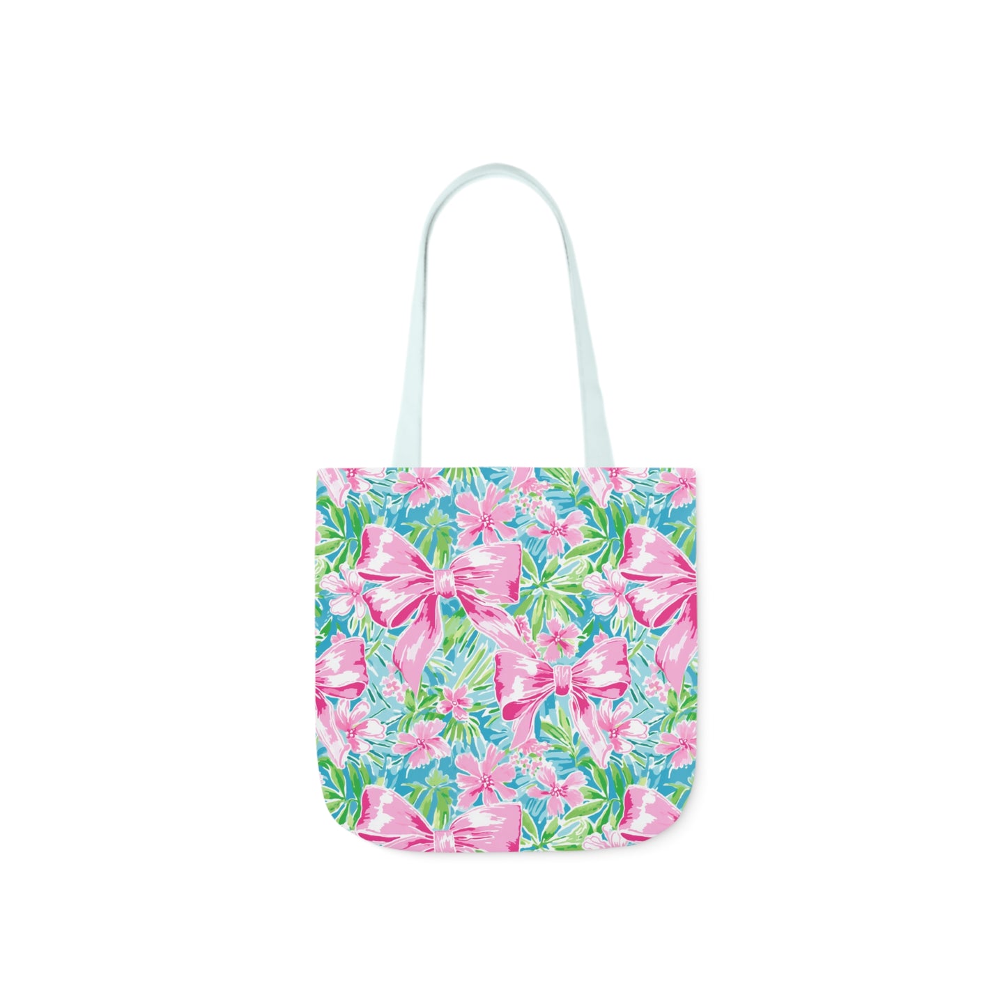 Preppy Pink Bows Bright Floral Canvas Tote Bag, 5-Color Straps