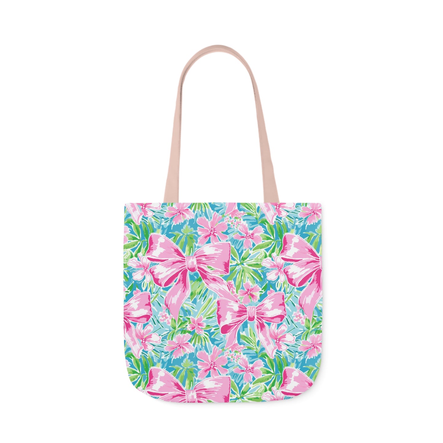 Preppy Pink Bows Bright Floral Canvas Tote Bag, 5-Color Straps