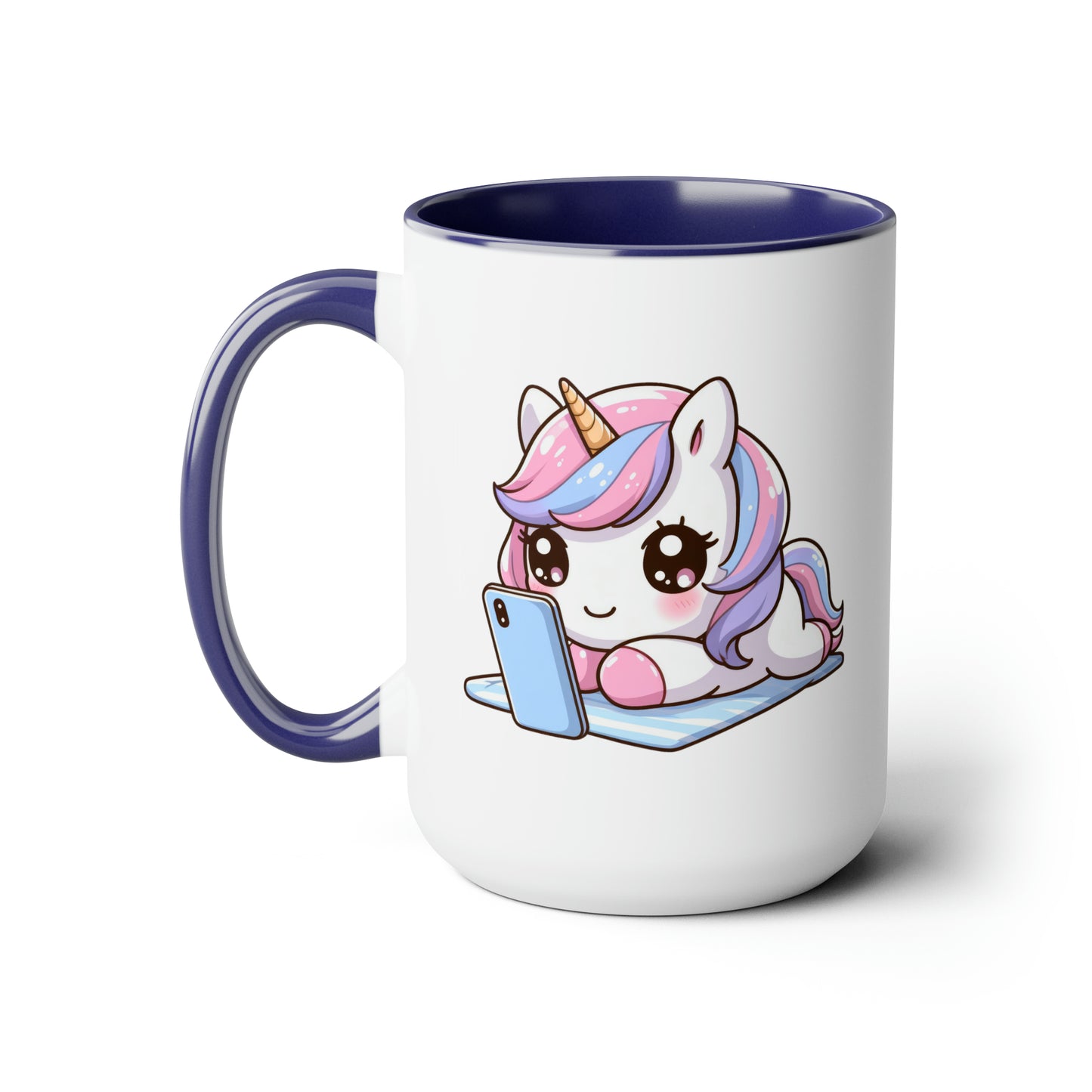 Cute Unicorn with Phone Two-Tone Coffee Mugs, 15oz