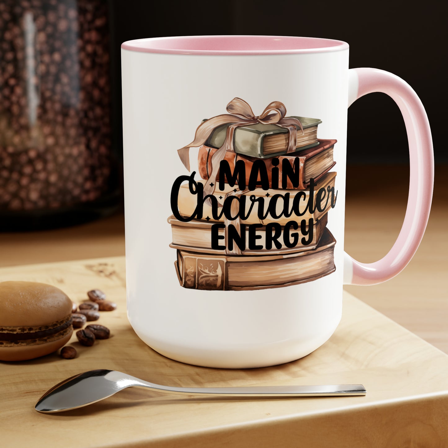 Main Character Energy Book Stack Two-Tone Coffee Mugs, 15oz