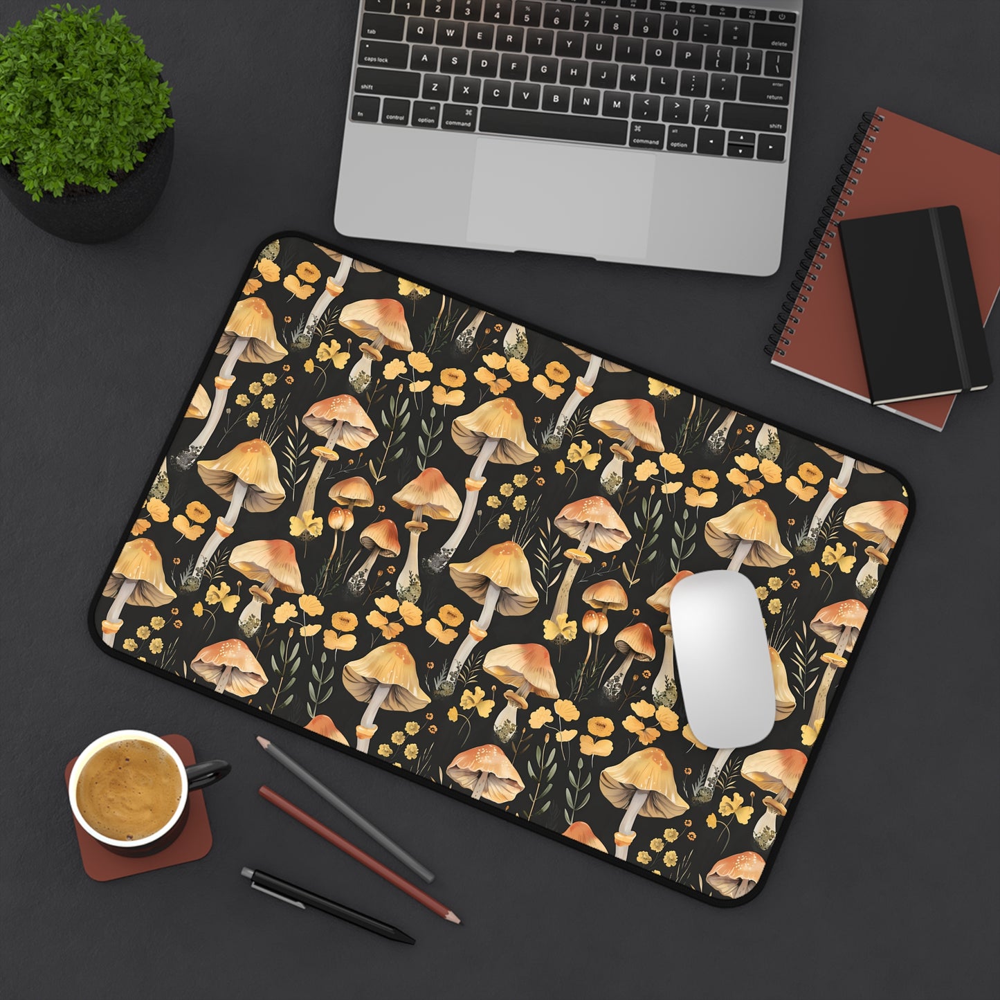 Yellow Mushroom Dark Desk Mat