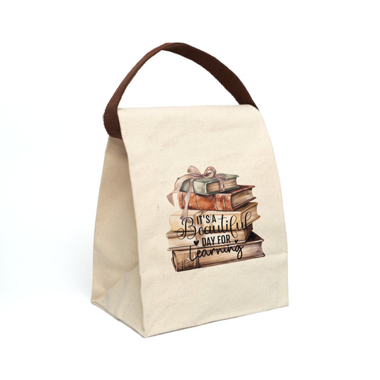 It's A Beautiful Day For Learning Book Stack with Bow Canvas Lunch Bag With Strap