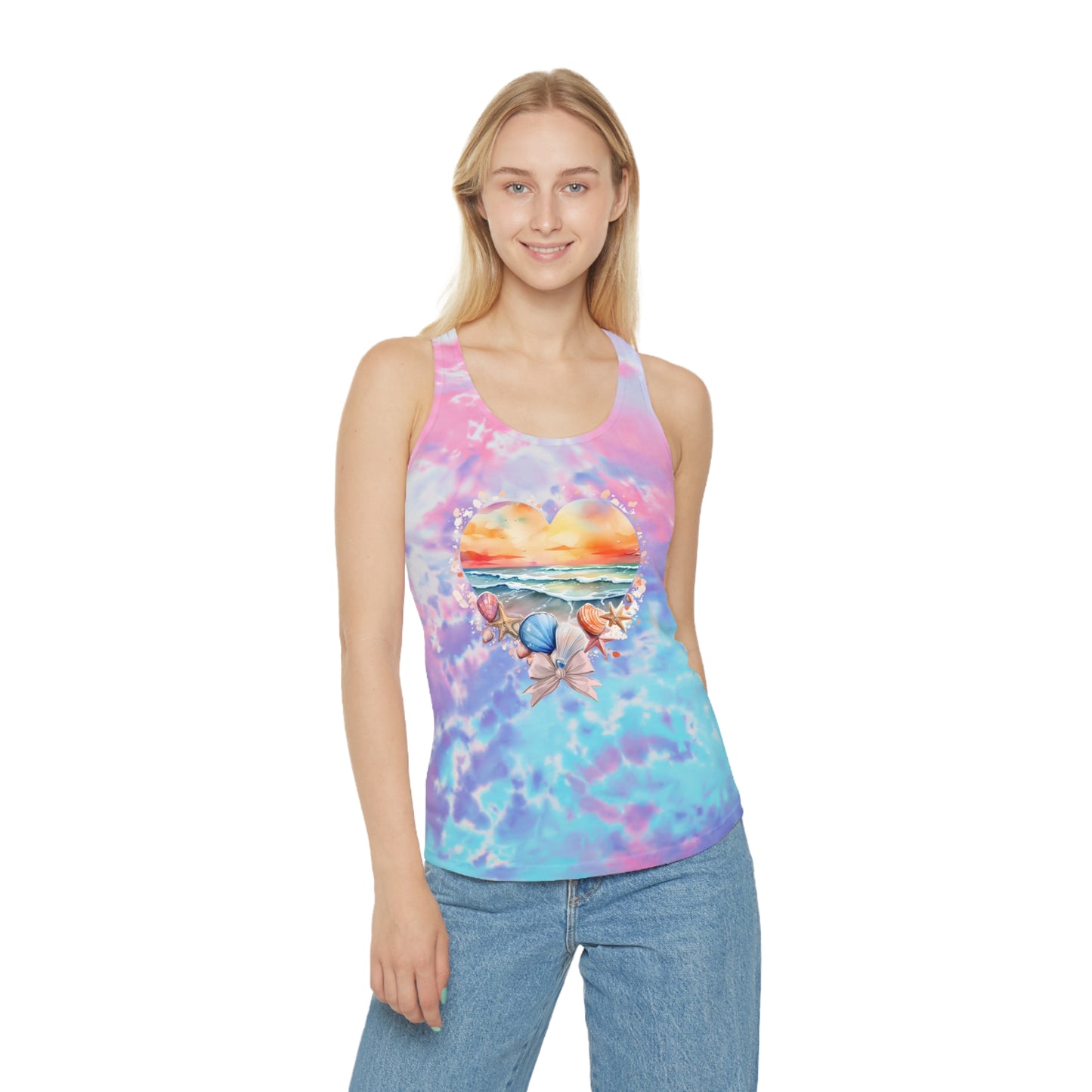 Beach Heart with Bow Tie Dye Racerback Tank Top