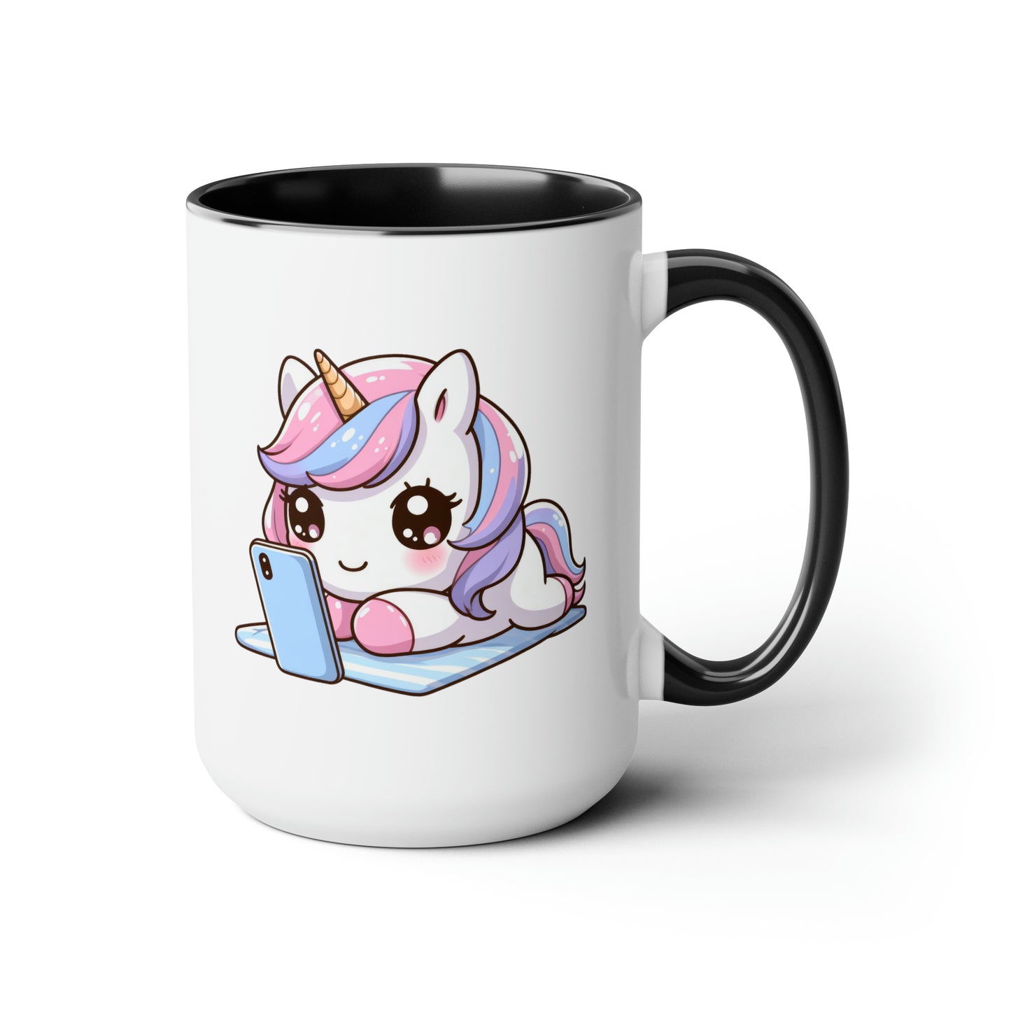 Cute Unicorn with Phone Two-Tone Coffee Mugs, 15oz