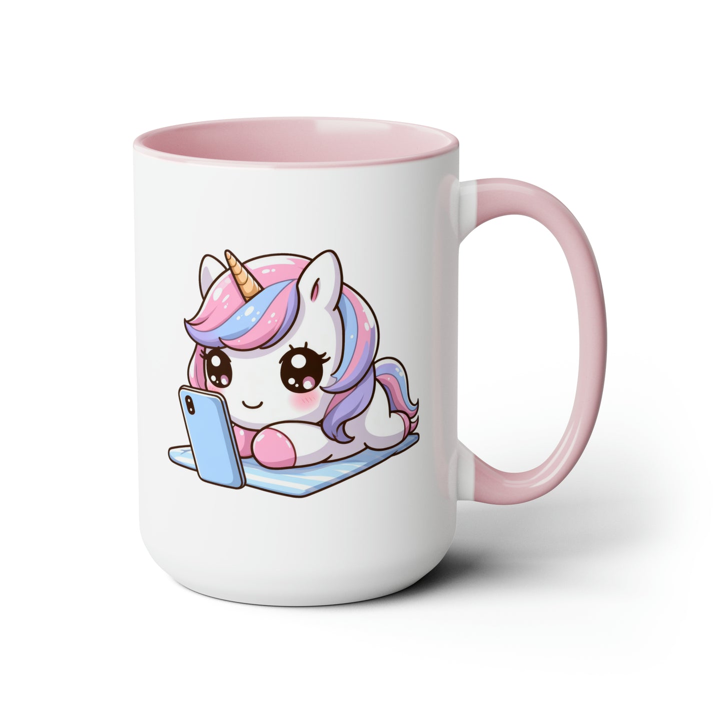 Cute Unicorn with Phone Two-Tone Coffee Mugs, 15oz