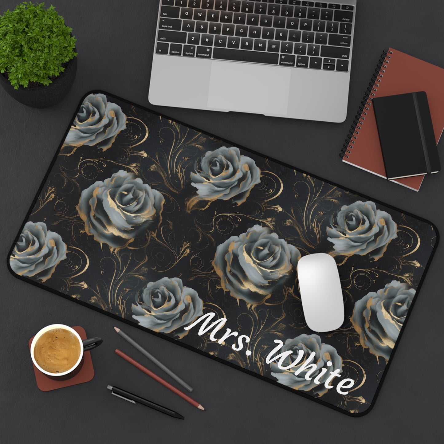 Personalized Black Blue Rose Desk Mat