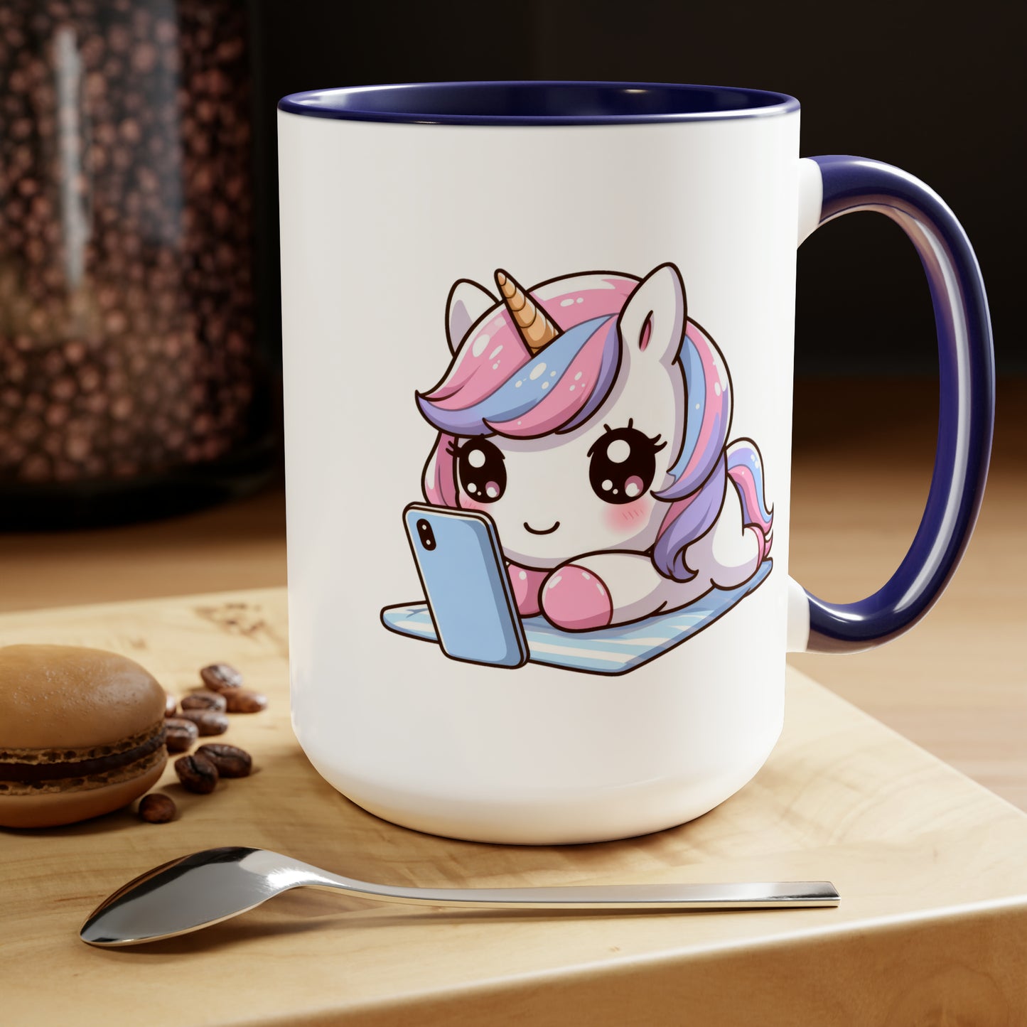 Cute Unicorn with Phone Two-Tone Coffee Mugs, 15oz