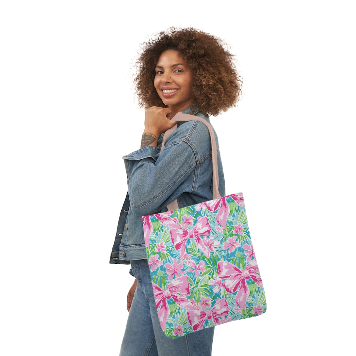 Preppy Pink Bows Bright Floral Canvas Tote Bag, 5-Color Straps