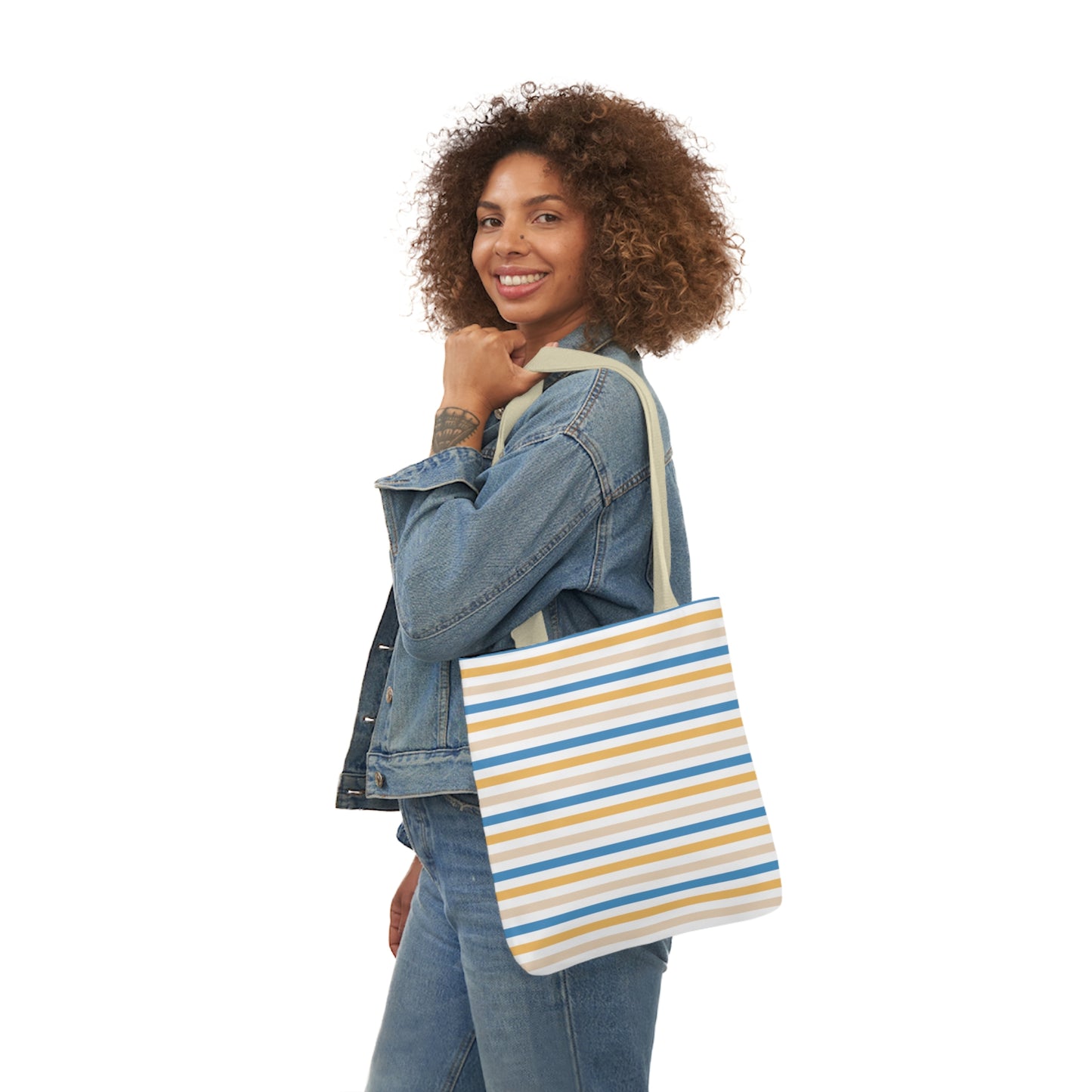 Yellow and Blue Stripe Canvas Tote Bag, 3-Color Straps