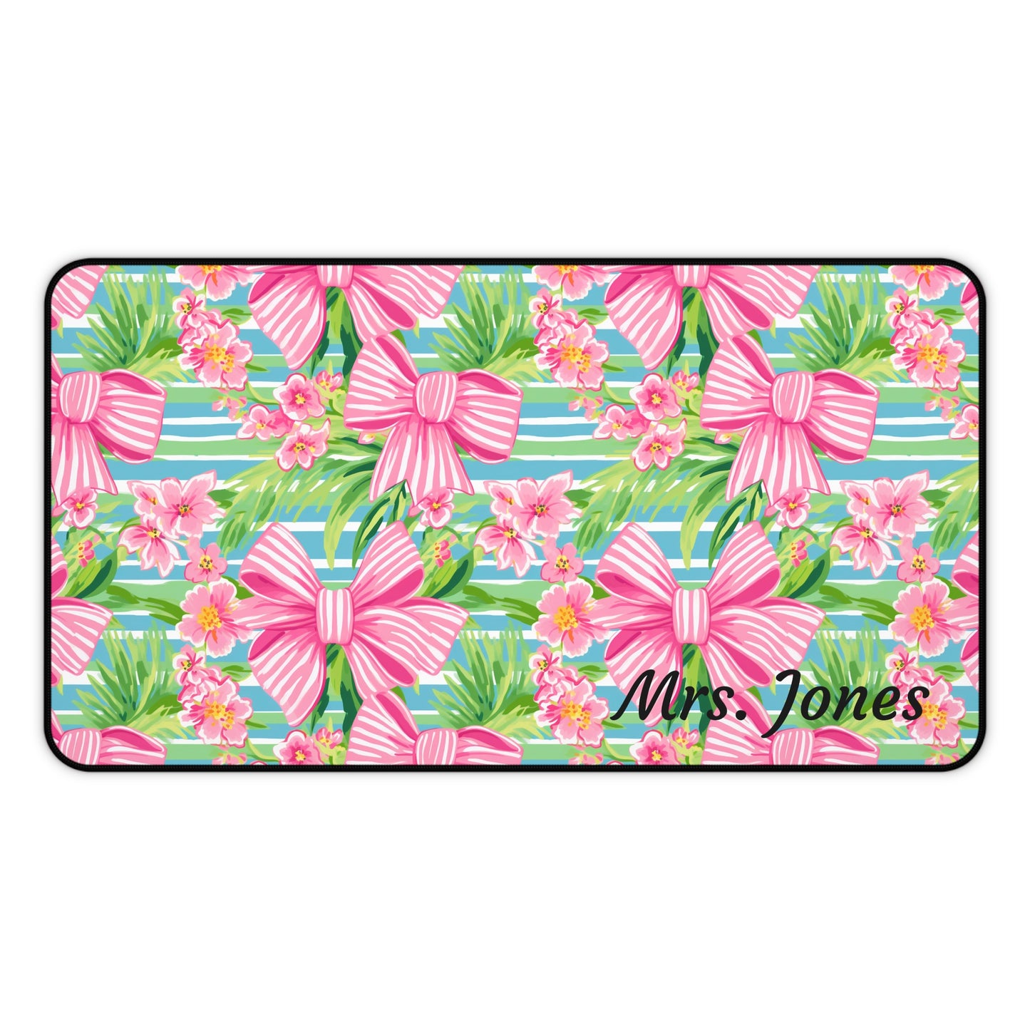 Personalized Preppy Pink Bows Striped Desk Mat