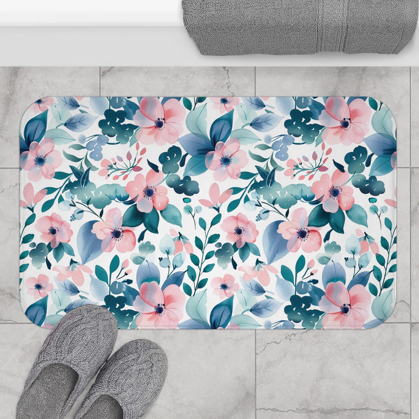 Pink and Teal Floral Bath Mat