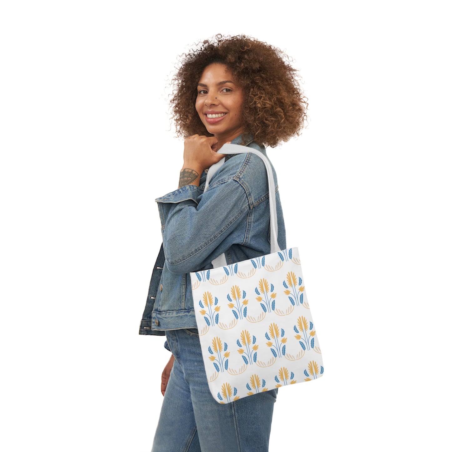 Yellow and Blue Floral Repeat Canvas Tote Bag, 3-Color Straps