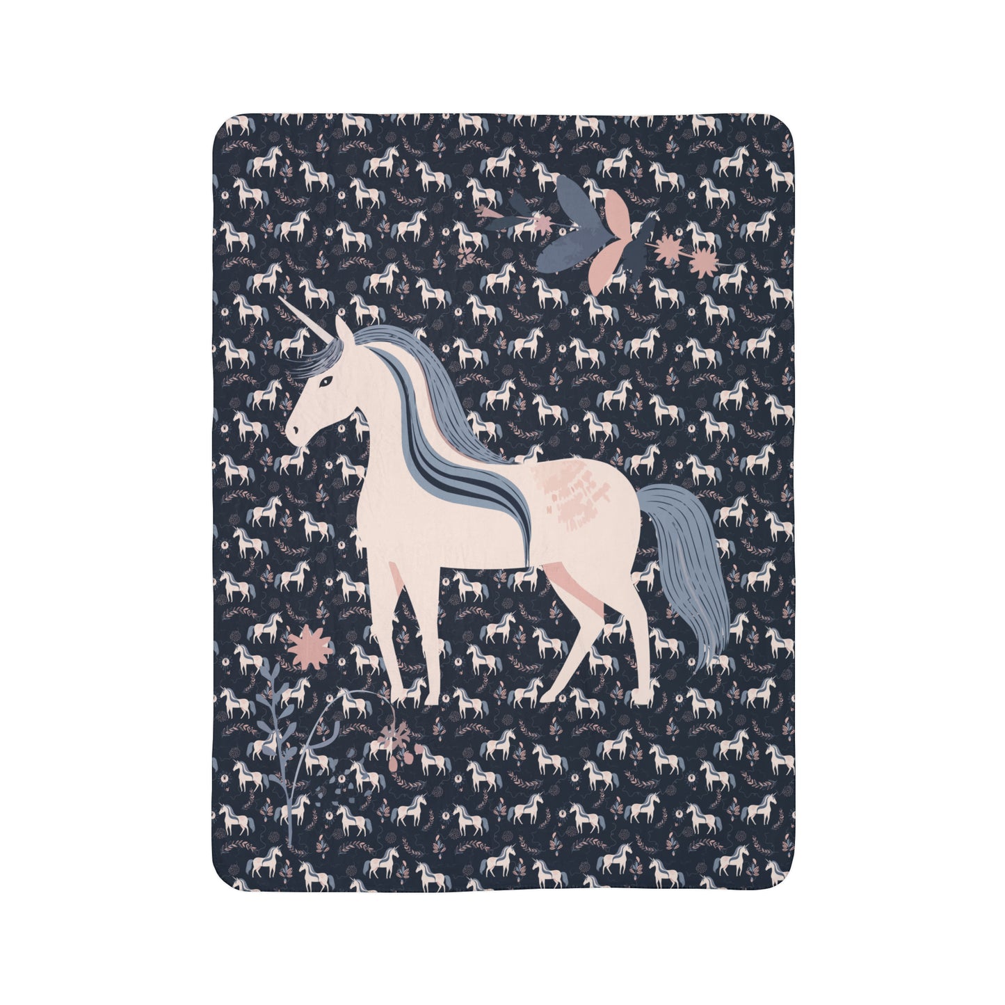 Pink and Navy Unicorn Fleece Sherpa Blanket