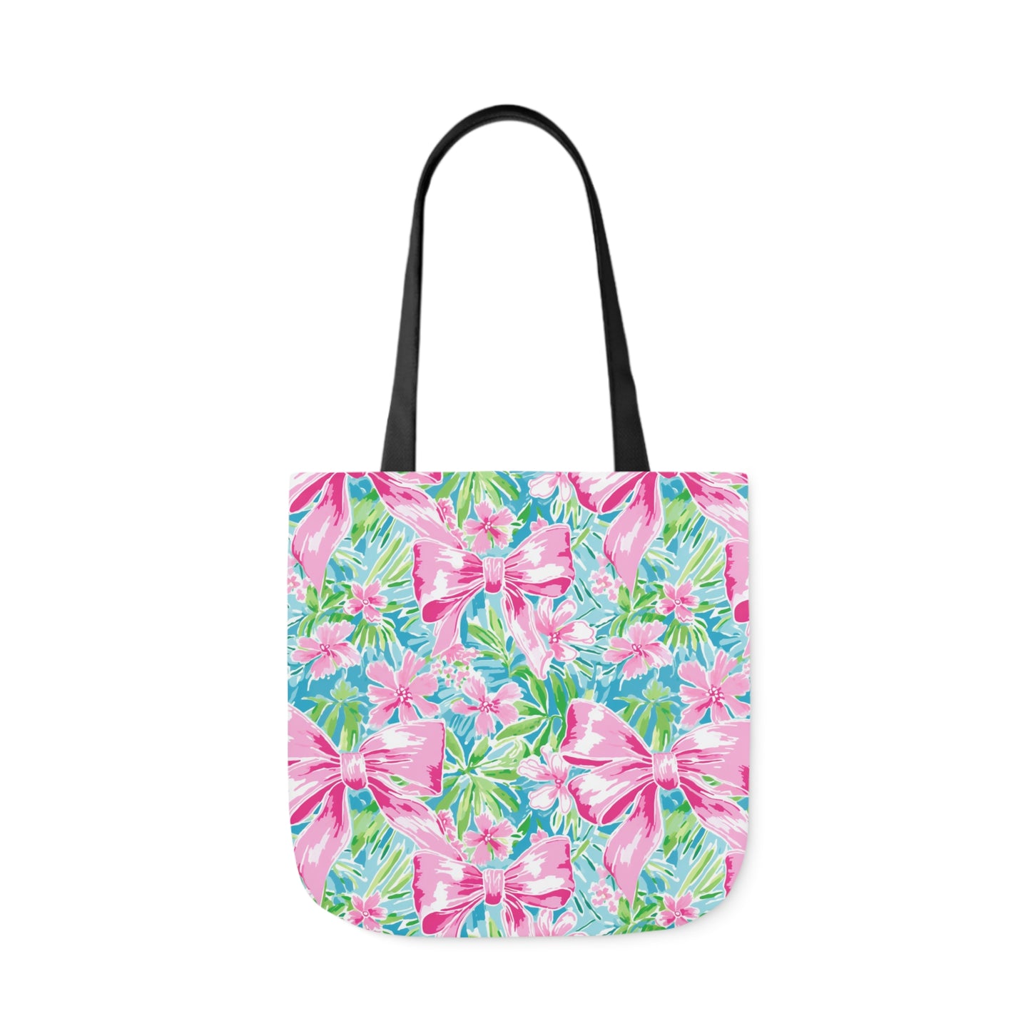 Preppy Pink Bows Bright Floral Canvas Tote Bag, 5-Color Straps