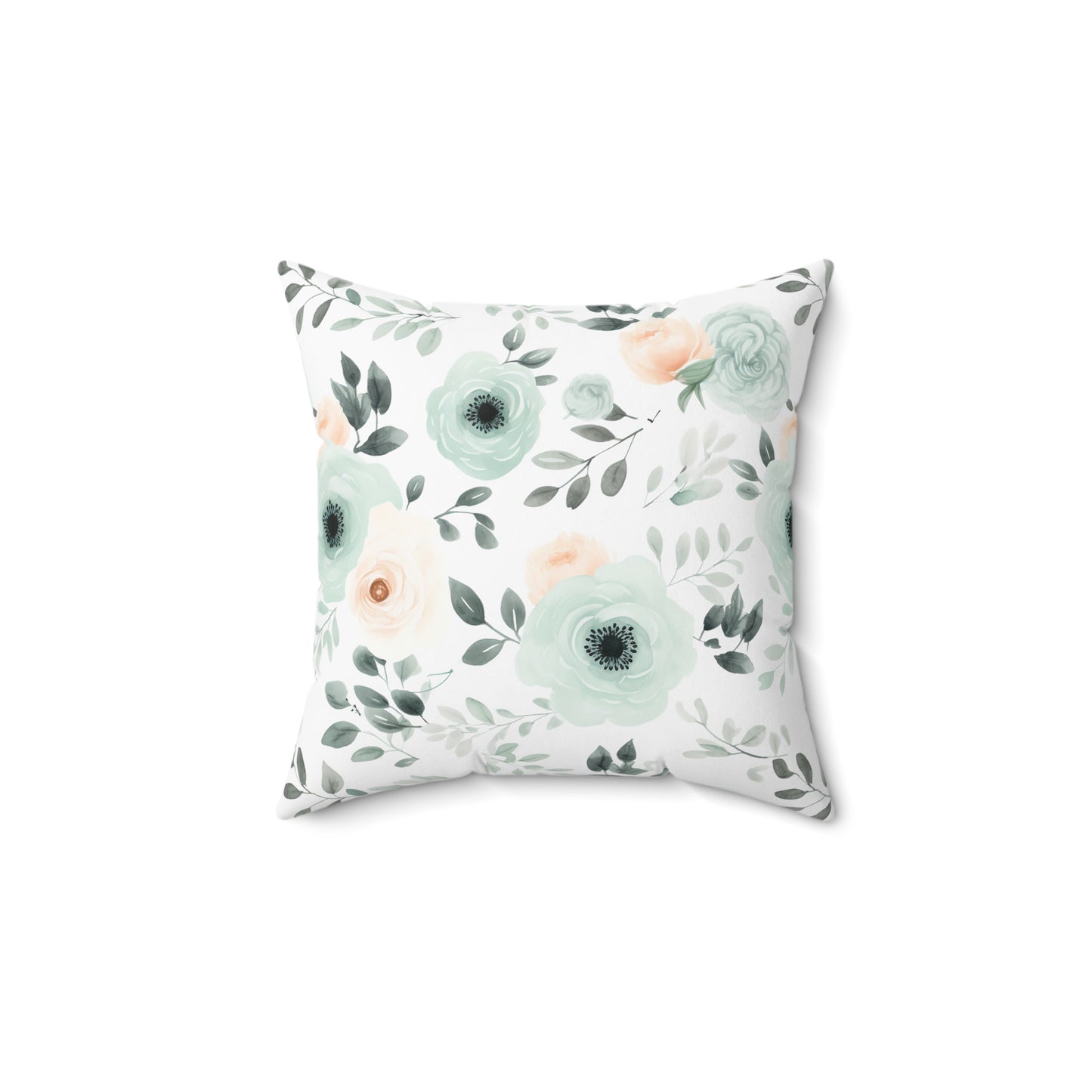 Mint Floral Faux Suede Square Pillow