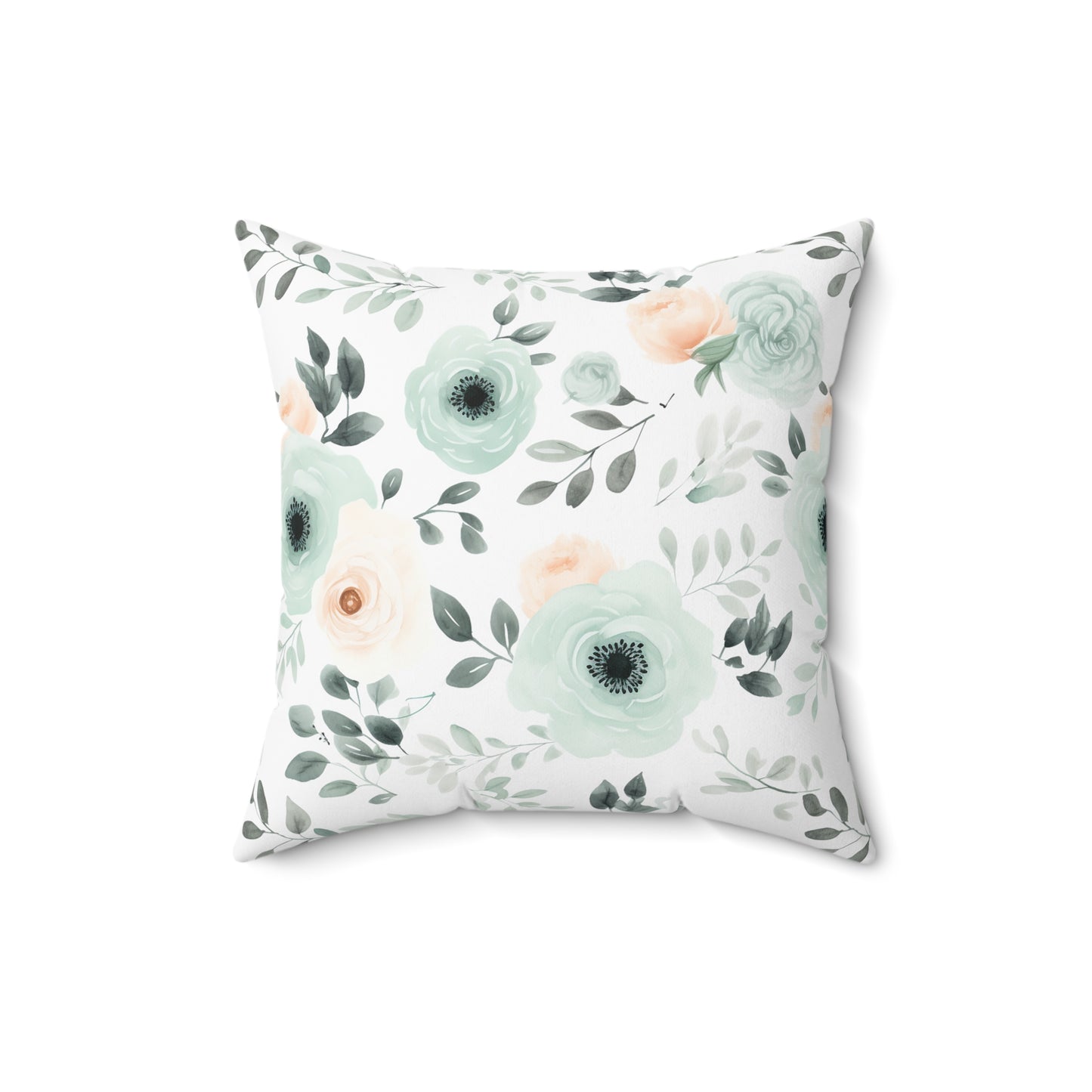 Mint Floral Faux Suede Square Pillow