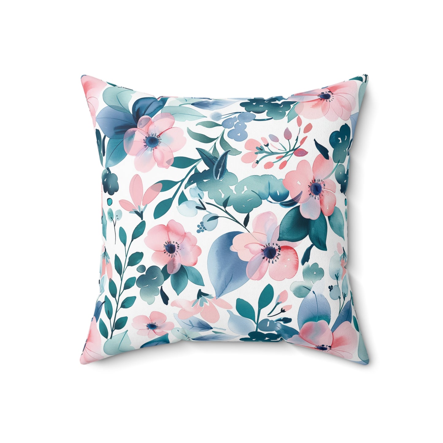 Pink and Teal Floral Faux Suede Square Pillow