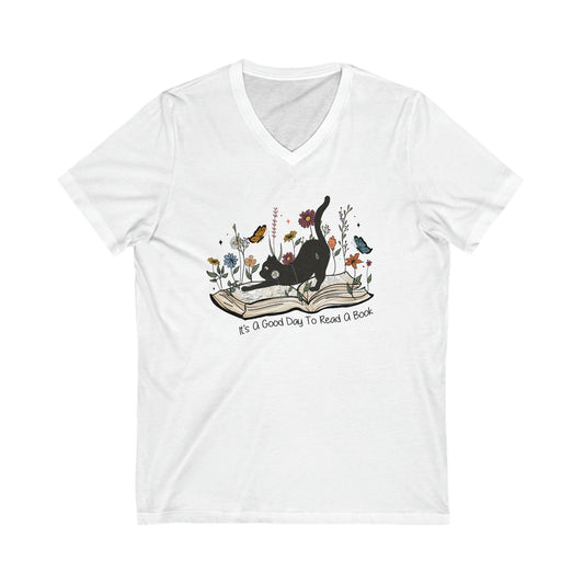 It's A Good Day To Read A Book Cat Graphic Unisex Jersey Short Sleeve V-Neck Tee