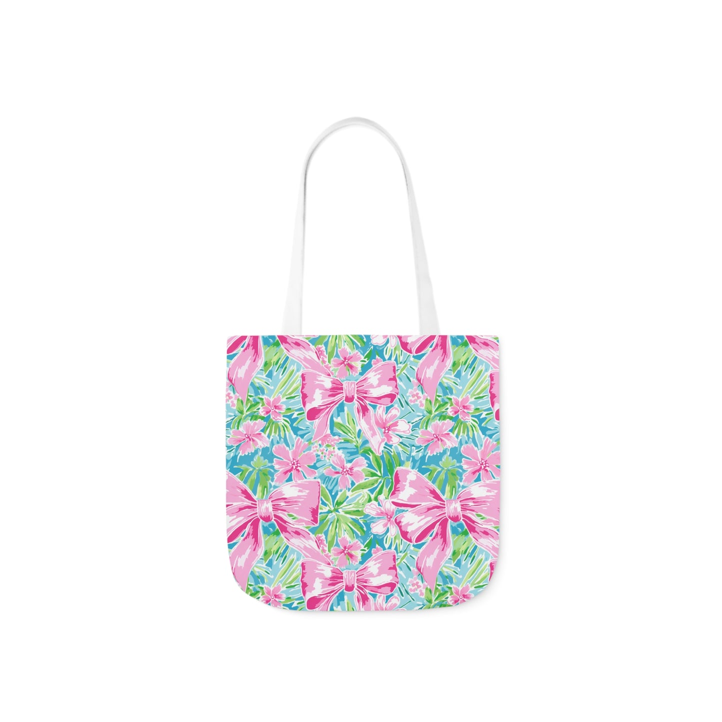 Preppy Pink Bows Bright Floral Canvas Tote Bag, 5-Color Straps