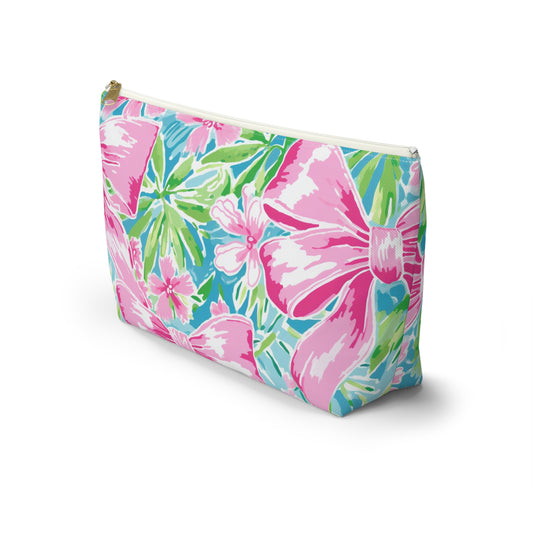 Preppy Pink Bows Bright Floral Accessory Pouch w T-bottom