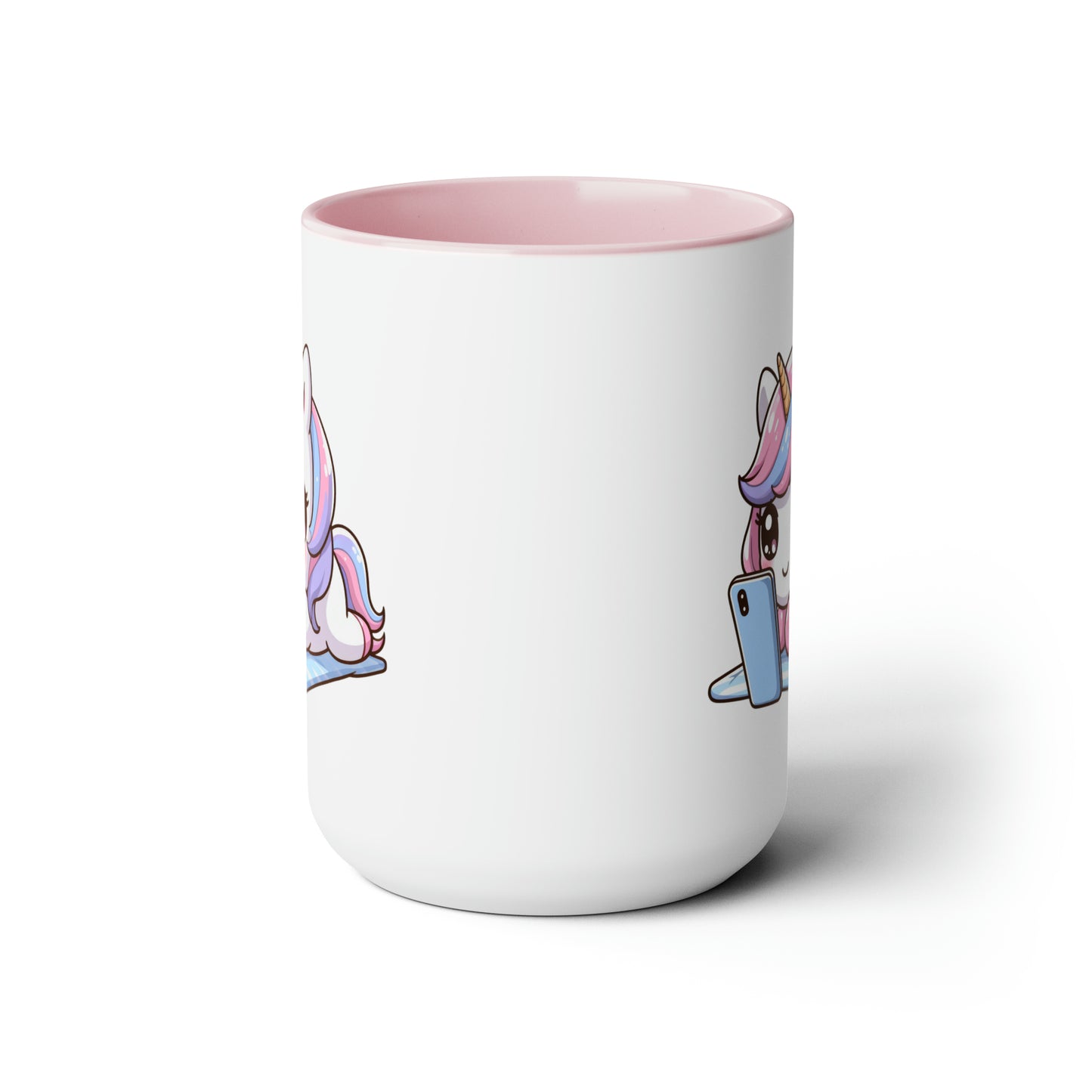 Cute Unicorn with Phone Two-Tone Coffee Mugs, 15oz