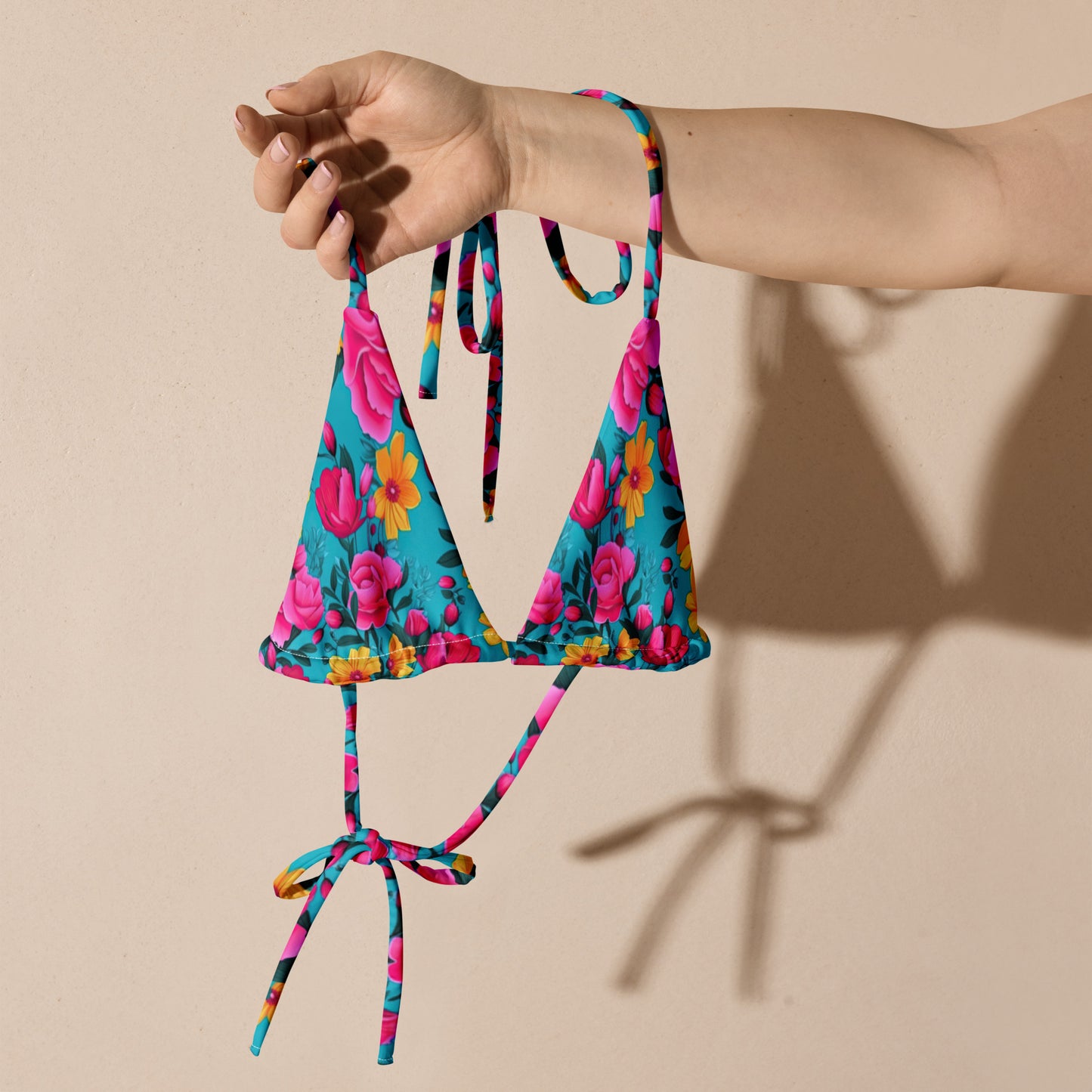 Bright Pink Floral All-over print recycled string bikini top