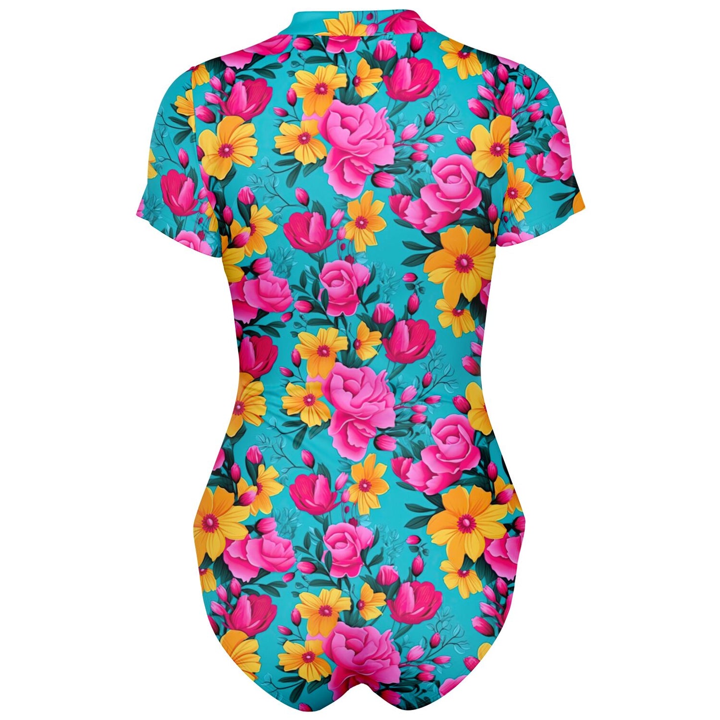 Bright Pink Floral Bodysuit Short Sleeve