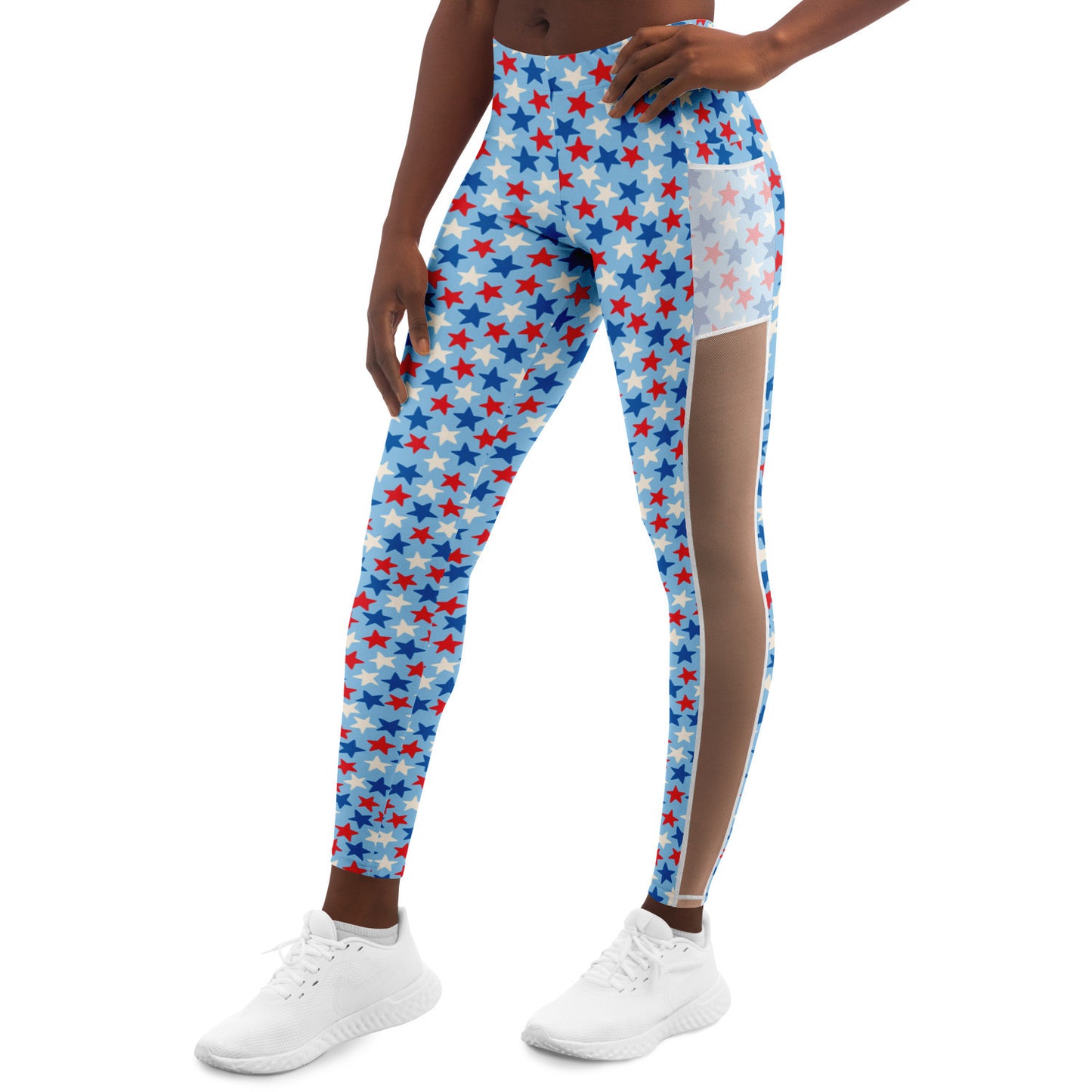 Red And Blue Stars Mesh Pocket Leggings