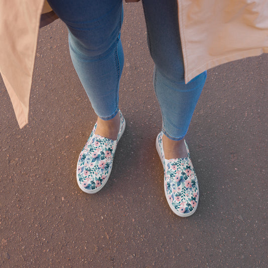 Pink and Teal Floral Women’s slip-on canvas shoes